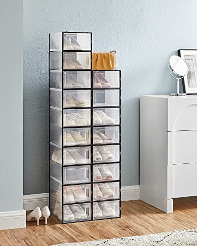 SONGMICS Shoe Boxes, Pack of 18 Stackable Shoe Storage Organisers, Foldable and Versatile for Sneakers, Fit up to UK Size 8, Black LSP18SBKV1 — view 3