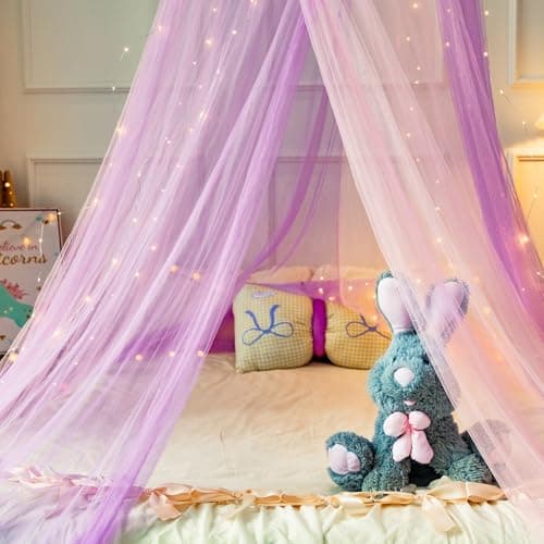Wnqou Mosquito Net for Bed, Large Dome Canopy Mosquito Net for Single/Double Bed, Girls Room Drcor,Easy Installation for Travel and Home (Pink Purple+Lights) — view 3