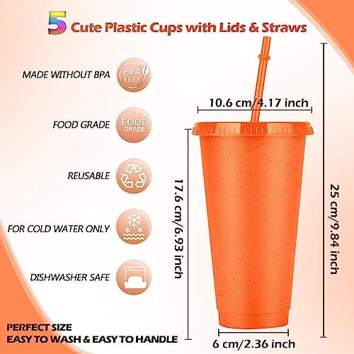Pack of 5 Drinking Cups with Straw and Lid - 24 oz Plastic Cups Smoothie Coffee Mug To Go Travel Mug Cup for Children Adults Reusable Plastic Cups — view 2