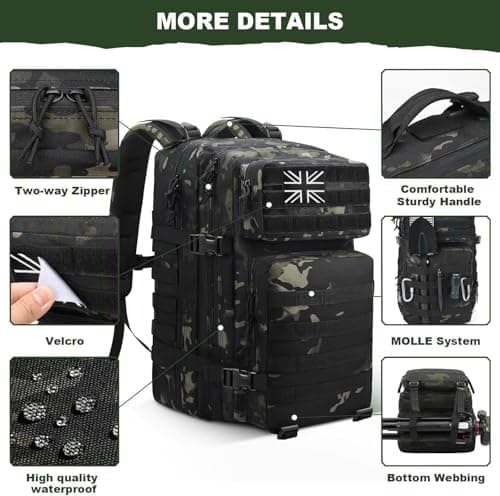 Panavage | Military Tactical Backpack 45L | Waterproof Rucksack with MOLLE, Laptop Compartment | 3-Day Assault Pack for Hiking, Camping, Hunting | Unisex (Black Camo) — view 6