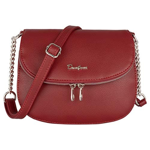 David Jones - Women's Small Crossbody Bag - Ladies Chain Shoulder Bag PU Leather - Zipper Flap Messenger Bag Multiple Pocket - City Casual Saddle Handbag - Work Travel Phone Clutch Purse Burgundy Red