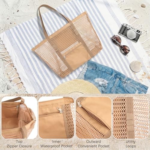 Dntorx Women's Mesh Beach Bag, Lightweight Khaki Beach Tote for Travel — view 5