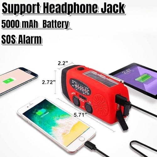 Handsider Wind Up Radio, Solar Emergency FM AM NOAA Portable Radio with SOS Alarm, LED Flashlight, 5000mAh Power Bank USB C Cellphone Charger for Camping Hiking (5000mAh Red) — view 3