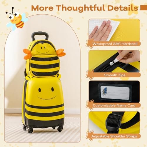 GYMAX 2Pcs Kids Luggage Set, 12" Backpack & 16" Children Hardshell Suitcase with Wheels & Anti-Lose Rope, Boys Girls Carry On Luggage Set for Travel School — view 4