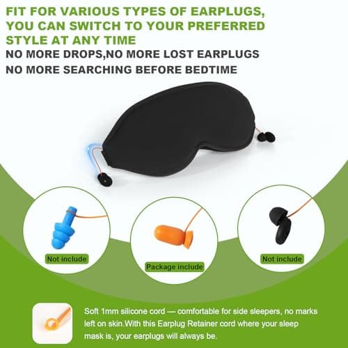 3D Contoured Sleep Mask with Earplug Retainer Cord,100% Pressure-Free & Total Light Blocking Eye Mask with Adjustable Strap. Ideal for Sleep Earplug User, Airplane Travel, Meditation Green — view 2
