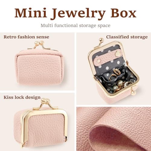 QINGLANG Genuine Leather Mini Jewelry Box with Kiss Lock Vintage Inspired Coin Purse Portable Small Jewelry Case Organizer Small Travel Ring Box for Girls Women(Pink) — view 4