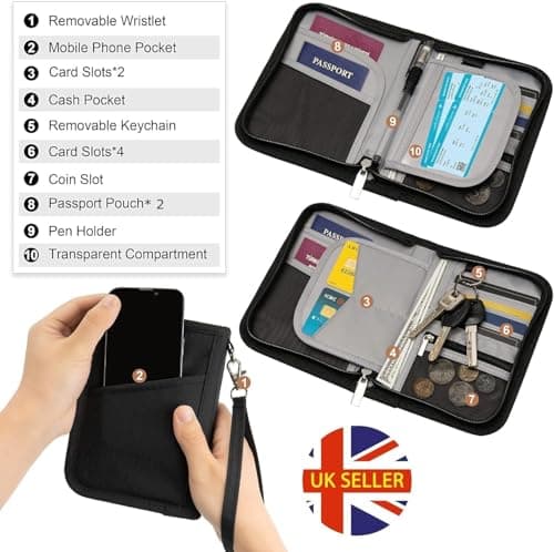 Passport Holder Travel Wallet, For 2 Passports, Small Passport Bag, Double, Dual, A5, Document, Case, Purse, RFID Blocking, Holiday, Waterproof Organisers, Travel Accessories, Black Green, UK GRN — view 2