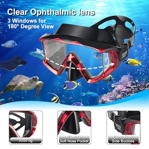 Dry Snorkel Set, Pano 3 Window Snorkel Mask, Anti-Fog Scuba Diving Goggles and Snorkel, Professional Adult Snorkeling Swim Mask Gear (Red Set) — view 2
