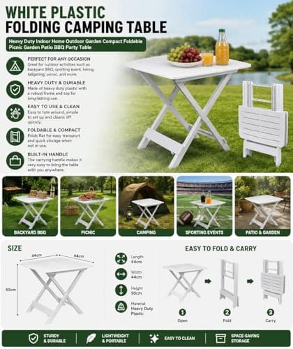Muddy Hands White Plastic Folding Camping Table Heavy Duty Indoor Home Outdoor Garden Compact Foldable Picnic Garden Patio BBQ Party Table — view 2