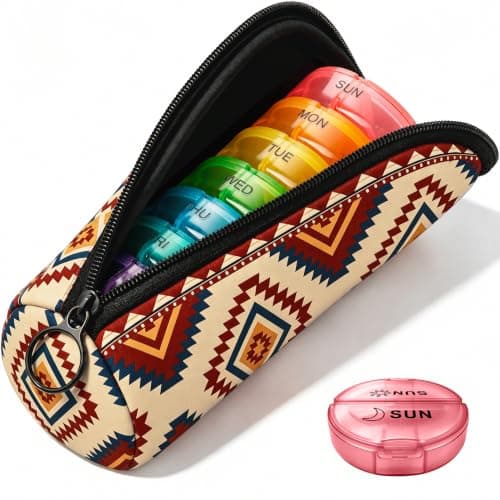 Portable Round Pill Box with Zipper Pouch, Neutral Boho Travel Pill Organiser for Tablets, Vitamins, Capsules and Supplements, Compact Medicine Case