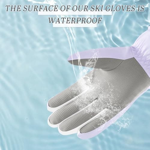 Andiker Women Waterproof Ski Gloves, Winter Touchscreen Thermal Gloves with Fleece, Windproof Snowboard Glove for Skiing Running and Cycling (Purple-white) — view 4