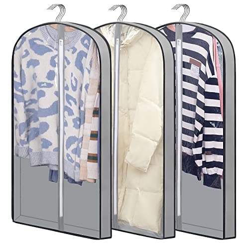 laeeyin Garment bags Suit cover bags for hanging clothes 100cm, Moth Proof Dress Bag Covers Damp-proof Suit Storage Bag Clothes, Plastic Protector for Jacket, Coat, Sweater, Shirts 3 Packs (Grey)