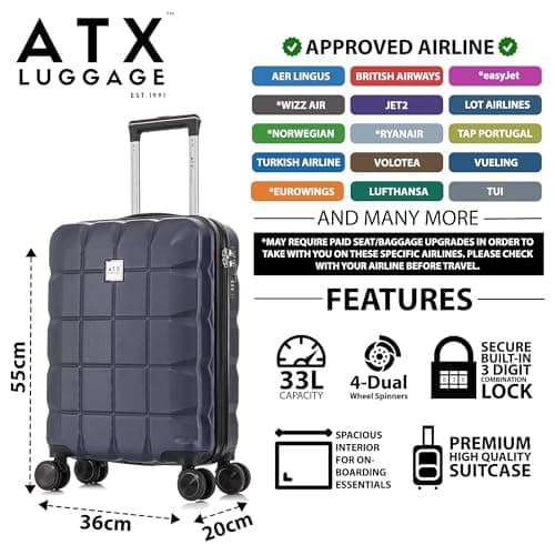 ATX Luggage 55x36x20cm Cabin Suitcase Super Lightweight Small Suitcase Approved for 100+ Airlines Including EasyJet, Ryanair, British Airways & Virgin Atlantic (Morrocan Blue, 21Inches, 33Liter) — view 2