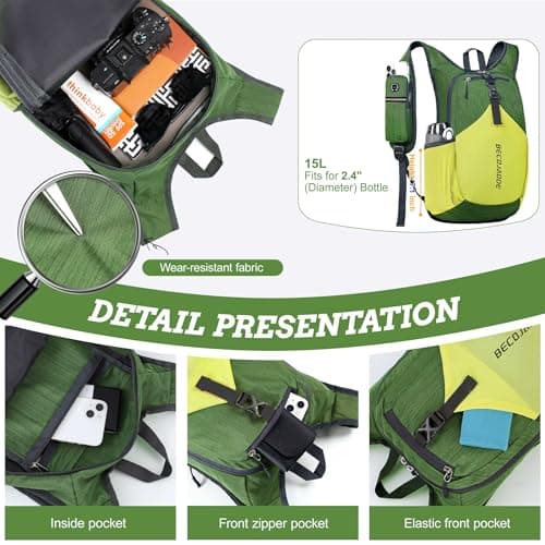 BECOJADDE 15L Hiking Backpack for Men Women Foldable Small Rucksack Lightweight Mini Backpack for Camping Travel Outdoor, Olive Green Yellow — view 3