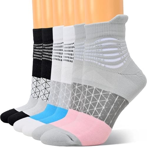 IRAMY Compression Ankle Support Socks Women Running Wicking Cushioned Athletic Plantar Fasciitis Relief 3 Pairs (Black+White+Grey M)