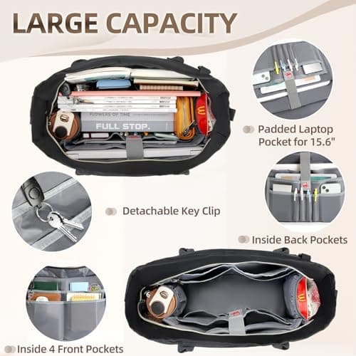 RAINSMORE Laptop Tote Bags for Women 15.6 inch Teacher Bag Large Nurse Utility Bag Computer Messenger Briefcase with Insulated Pocket for Work School Office Business University Black — view 3