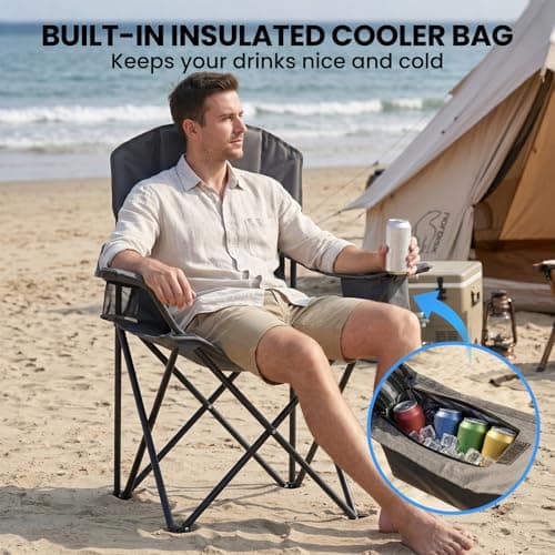 Meulbaty Extra Wide Heavy Duty Camping Chair for Adults – Oversized Folding Chair for Big & Tall Users, 400lbs Capacity, Padded Headrest, Insulated Cooler Bag & Cup Holder for Camping, Beach & Garden — view 4