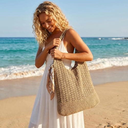 Crochet Tote Bag for Women, Retro Woven Mesh Beach Bag Boho Shoulder Tote — view 2