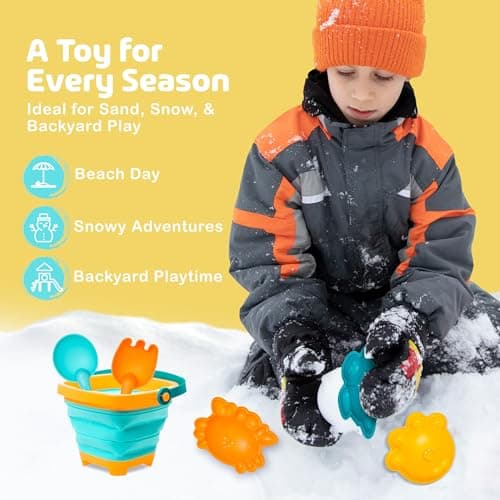 Hobee 6 Piece Foldable Beach Bucket Set for Kids - Ultimate Seaside Fun with Collapsible Bucket, Spade, Rake, and 3 Sand Moulds — view 6