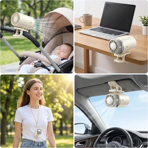 BRTNUP Car Clip on Air Conditioner Fan, Portable Clip on Fan with LED Display, 199 Speeds 360° Rotation Rechargeable Personal Cooling Fan for Car Office Home Desk Pram Travel (White) — view 3