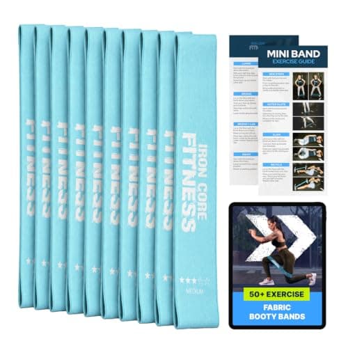 Iron Core Fitness 10-Pack Set Medium Resistance Bands -Aqua Turquoise- Fabric Set- Mini Loop Bands for Workout, Glutes, Legs & Physical Therapy