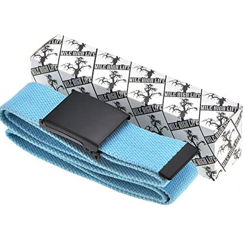 Mile High Life Cut To Fit Canvas Web Belt Size Up to 52" with Flip-Top Solid Black Military Buckle (Sky Blue) — view 4