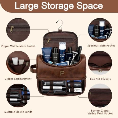 CLOUDWINGS Personalized Toiletry Bag for Men - Custom Gifts for Men Him Dad Husband Boyfriend Groomsmen, Initial PU Leather Travel Shaving Kit Bag, Travel Essentials, Birthday Gifts for Men (P) — view 4