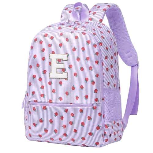 I IHAYNER Initial Kids Backpack for Girls, Lightweight Preschool Elementary Backpack, Girl Bookbag for School Travel Daycare, Purple-e, S