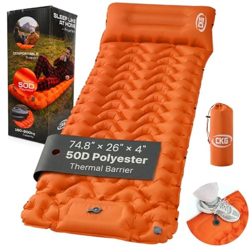 CKG Camping Sleeping Pad with Thermal Barrier, Ultralight Camping Mat 4in Thick with Pillow, Built-in Foot Pump Self Inflating Sleeping Pad for Hiking Tent Road Trip Car Camp Travel Gear, Orange