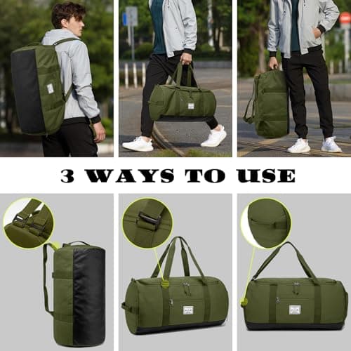Lyweem Travel Duffel Bag for Men, 60L Large Sports Duffle Bag Backpack for Women Weekender Overnight Holdall Bags with Shoes Compartment Multifunctional Gym Bags, Green — view 3