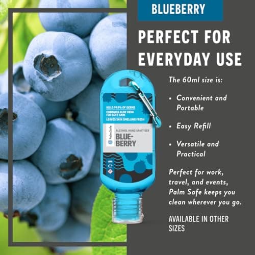Palm Safe Blueberry 3 Pack 60ml Anti Bacterial Premium Hand Sanitiser Travel Size Refillable Clip Bottle Quick Drying Non Sticky Extra Moisturising Kills 99.9% of Viruses and Bacteria — view 3