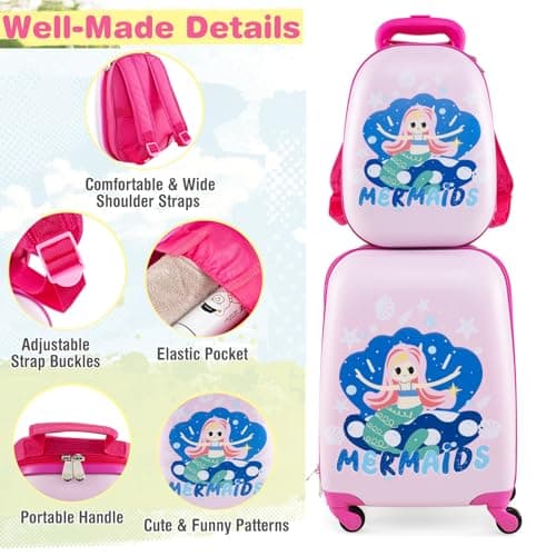 GYMAX 2Pc Kids Luggage Set, 12" & 16" Children Hand Trolley Case with 4 Spinner Wheels, Carry On Suitcase for Boys Girls Travel School (Light Pink) — view 4