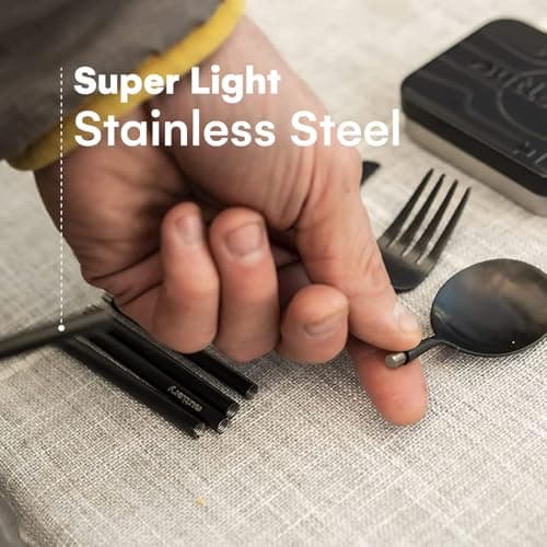 Outlery Full Set | Portable & Reusable Stainless Steel Travel Cutlery Set and Reusable Chopsticks with Case for Camping, Picnic, Office and On-The-Go (Pocket Sized Flatware Set) (Black) — view 4