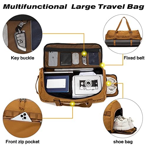Lyweem Duffle Bag for Men, 60L Travel & Gym Duffel Bag Large Size for Women Waterproof Sports Holdall Bags Weekend Overnight with Shoes Compartment, Brown — view 5