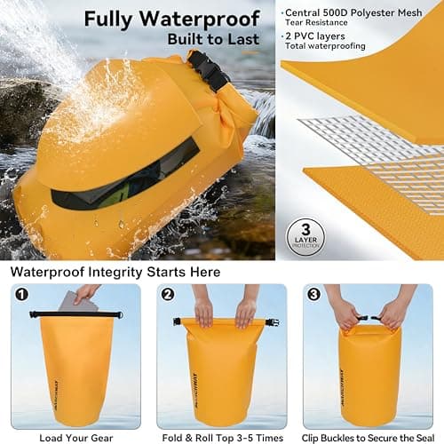 MARCHWAY Floating Waterproof Dry Bag Backpack 5L/10L/20L/30L/40L, Roll Top Sack Keeps Gear Dry for Kayaking, Rafting, Boating, Swimming, Camping, Hiking, Beach, Fishing (Deep Yellow, 10L) — view 3