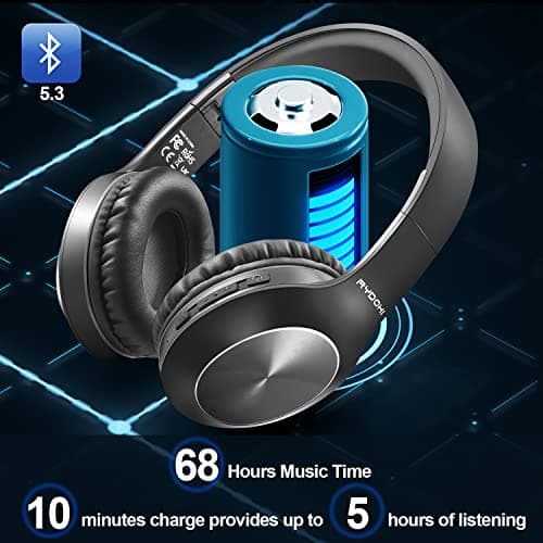 Rydohi Bluetooth Headphones Over Ear, 68H Playtime and 3 EQ Music Modes Wireless Headphones with Microphone/Deep Bass, HiFi Stereo Foldable Lightweight Headset for PC Home Travel Office (BLACK) — view 2
