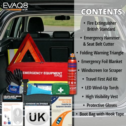 EVAQ8 Car Emergency Kit + France & Europe Travel Compliance Bundle – UK Breakdown Safety Kit with Fire Extinguisher & First Aid, Plus Headlamp Beam Deflectors & UK Sticker for Driving Abroad — view 2