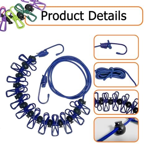 BaiMoure Portable Clothesline with 12 Deep Blue Clips & Adjustable Beads — view 2