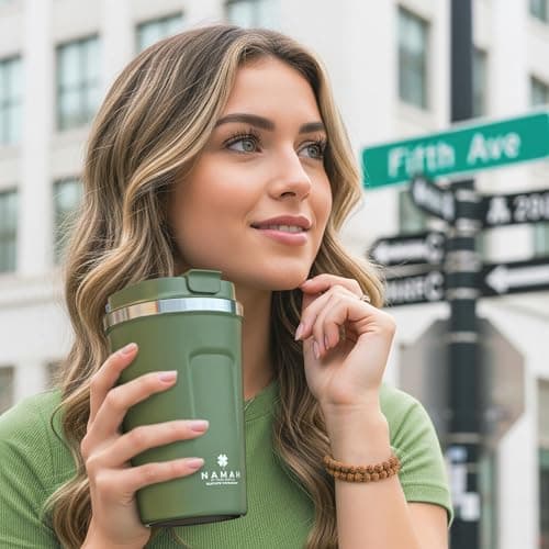 Namah® 380 ML Insulated Stainless Steel Coffee Mug with Lid, Double Wall Vacuum Travel Mug for Hot & Cold Drinks, Reusable Coffee Cup for Office, Home & Travel, Forest Olive Green — view 5