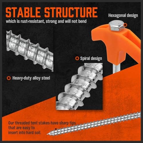 Tent Pegs Metal Heavy Duty 12-Pack – Galvanised Steel Tent Pegs, Ground Pegs Heavy Duty with Ropes & T-Pull Hook, Camping Pegs & Garden Pegs for Tents, Gazebos, Tarps & Outdoor Use — view 4