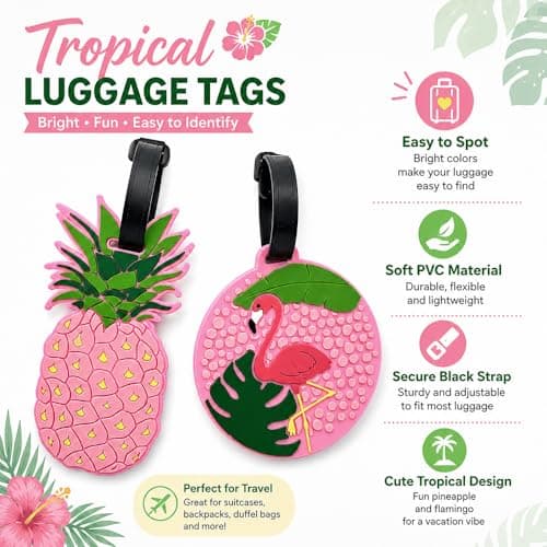Pineapple Flamingo Luggage Tags 2 Pack Silicone Suitcase Tags with Name ID Card Travel Bag Tags for Kids Women Carry On Backpack School Bag Holiday Cruise Gift — view 4