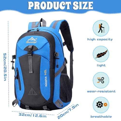 Auirshiky 40L Hiking Backpack Walking Rucksack Water Resistant Hiking Daypack Packable Travel Outdoor Sport Knapsack Durable Water Resistant for Camping Cycling Climbing Walking Mountaineer (Blue) — view 2