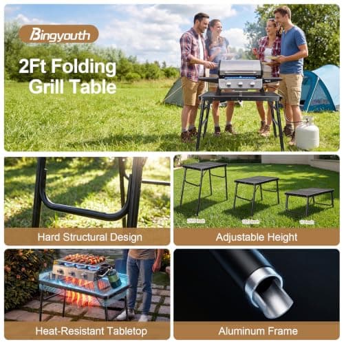 BBQ Side Table, 60 x 40 cm Metal Folding Camping Table, Lightweight Outdoor Table with Mesh Top, Adjustable Height 26/47/65 cm, Portable Garden Table for Barbecue, Picnic, Fishing, Camping Cooking — view 6