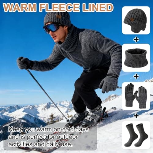 wokdsbl 4Pcs Mens Hat Scarf Gloves Set with Socks Grey — view 6