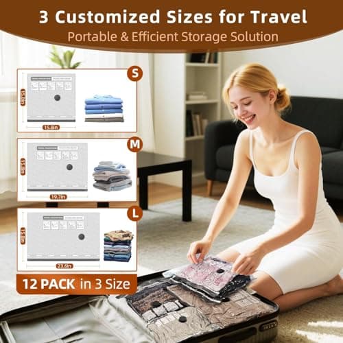VACKFOX 12 Pack Vacuum Bags for Travel with Rechargeable Air Pump & LED Light,Vacuum Travel Bags,Vacuum Storage Bags(4L+4M+4S),80% Space Saver Vacuum Seal Bags for Blankets,Comforters,Luggage — view 2