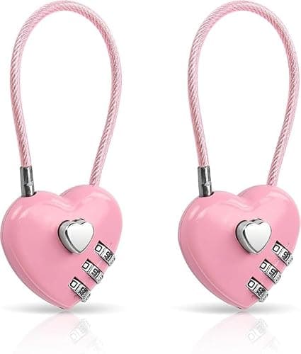 2 Pcs Pink Combination Lock, 3 Digit Heart Shaped Padlock for School Gym Locker,for TSA Approved Cable Luggage Locks, Sports Locker Lock, Luggage, Fence, Backpack, Valentine Gift, Luggage Accessories