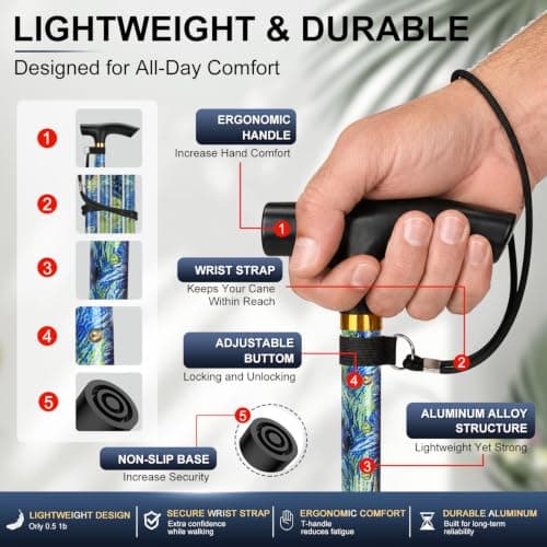 supregear Walking Stick - Adjustable Folding Walking Sticks for Women and Men - Lightweight Portable Collapsible Balancing Aid - Foldable Travel Cane for Ladies Elderly Adults, Oriental Blue — view 5