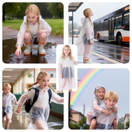 AropaeenGlowry 2pcs Kids Waterproof Rain Poncho with Hood & Sleeves - Reusable EVA Raincoat for Boys Girls, Camping & Travel, White — view 2