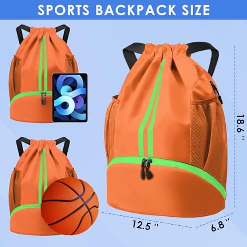 BROTOU Unisex Drawstring Backpack, Waterproof Gym Bag, Large Oxford PE Pack, Students School Backpack, Durable Sports Ball Bag, with Shoe Bag (A, Orange) — view 3