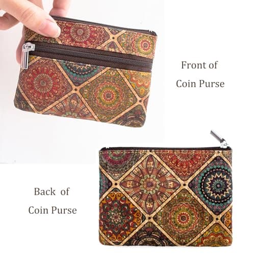 Eco-friendly Natural Cork Coin Purse, Boshiho Mini Coin Change Wallet Credit Card Holder Zipper Pouch Vegan Wallet with Key Ring Keychain, Pattern B, 4.3 x 3.3 x 0.2 inch, Fashion — view 5